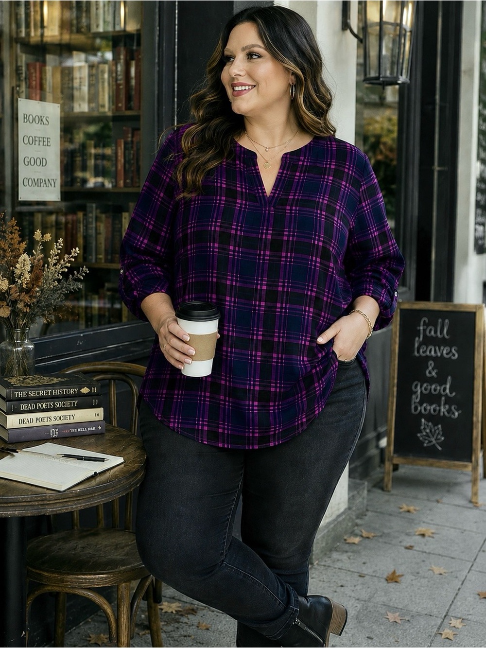 Ava & Viv 1X Berry Plaid Tunic Blouse Plus Size
